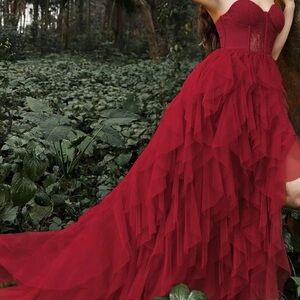 NWOT Elegant Lace Bodice Contrast Split Ruffles Layered Hem Tube Dress.